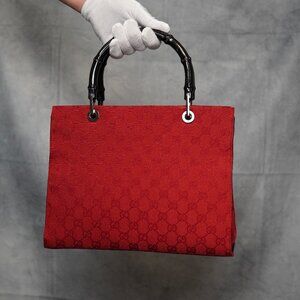 Gucci GG Red Canvas 2-Way Handbag with Bamboo Handles & Leather Trim/Strap